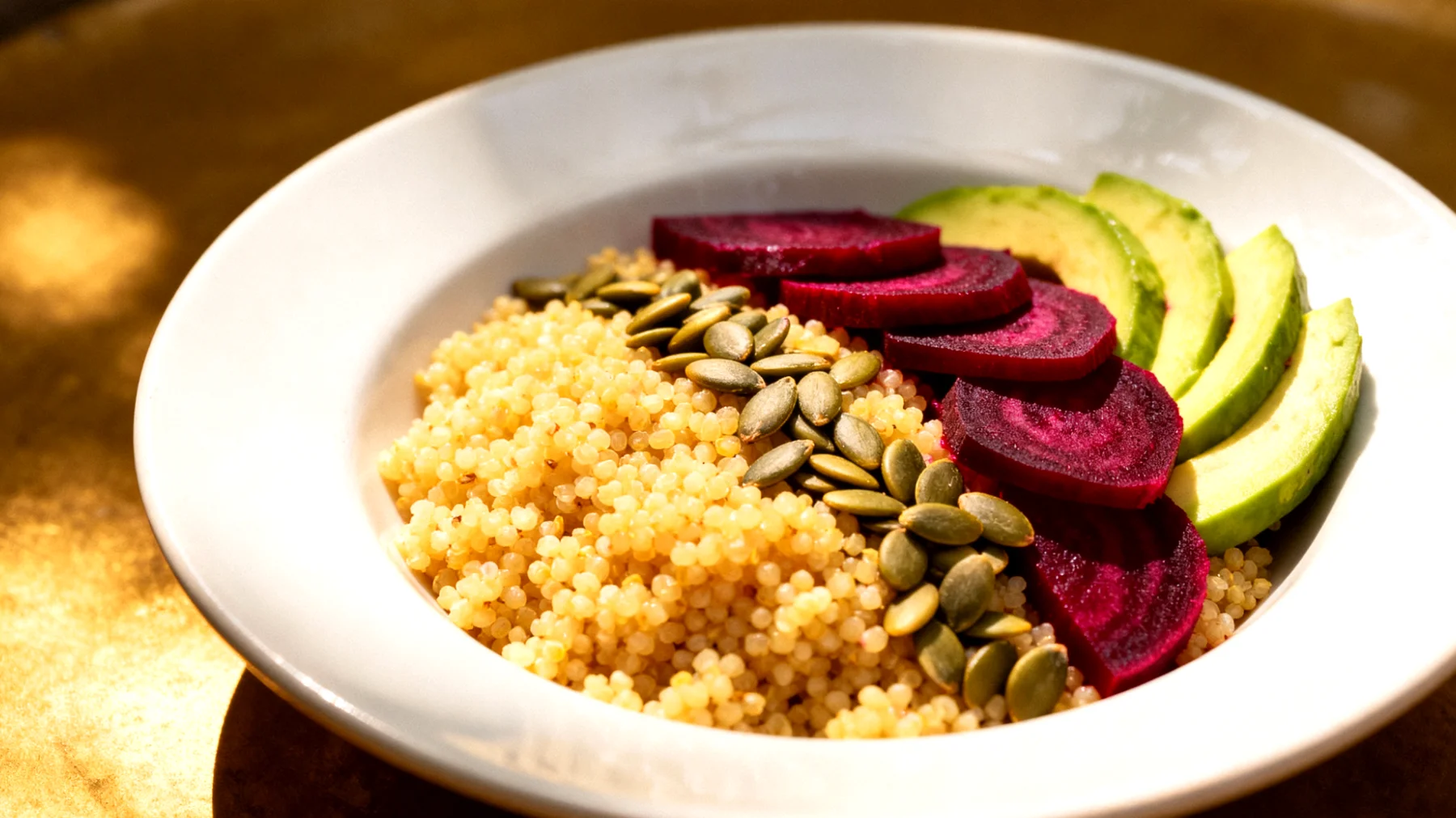 Hirse-Bowl mit Kürbiskernen, Avocado und fermentierten Rote-Bete-Scheiben"
