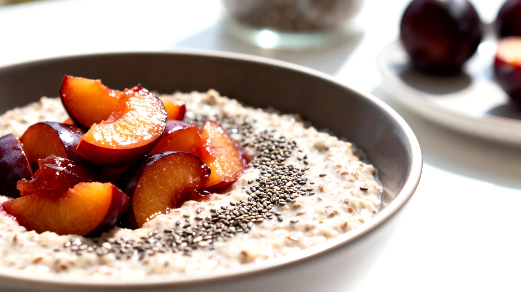 Leinsamen-Porridge mit gedünsteten Pflaumen und Chiasamen"