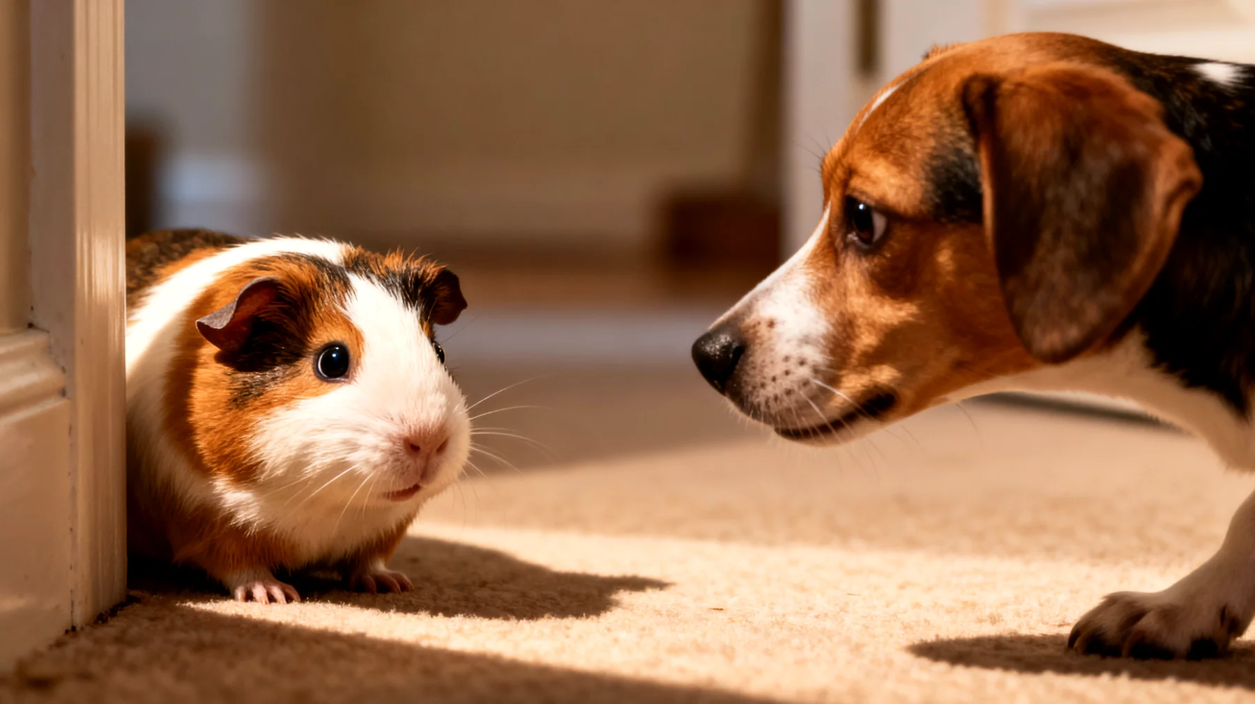 Meerschweinchen zeigen Stress und Konflikte beim Zusammenleben mit anderen Tieren im Haushalt, insbesondere bei der gemeinsamen Nutzung von Räumen oder bei direktem Kontakt mit Hunden, Katzen oder anderen Haustieren"