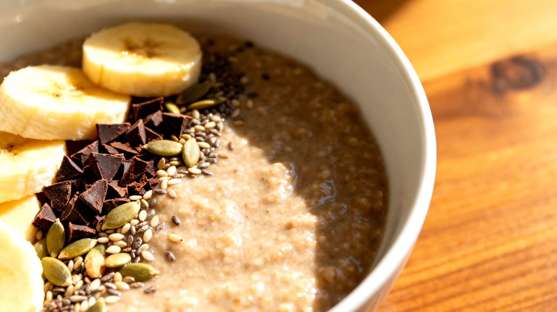 Amaranth-Bananen-Porridge mit Hanfsamen und Kakao-Nibs"