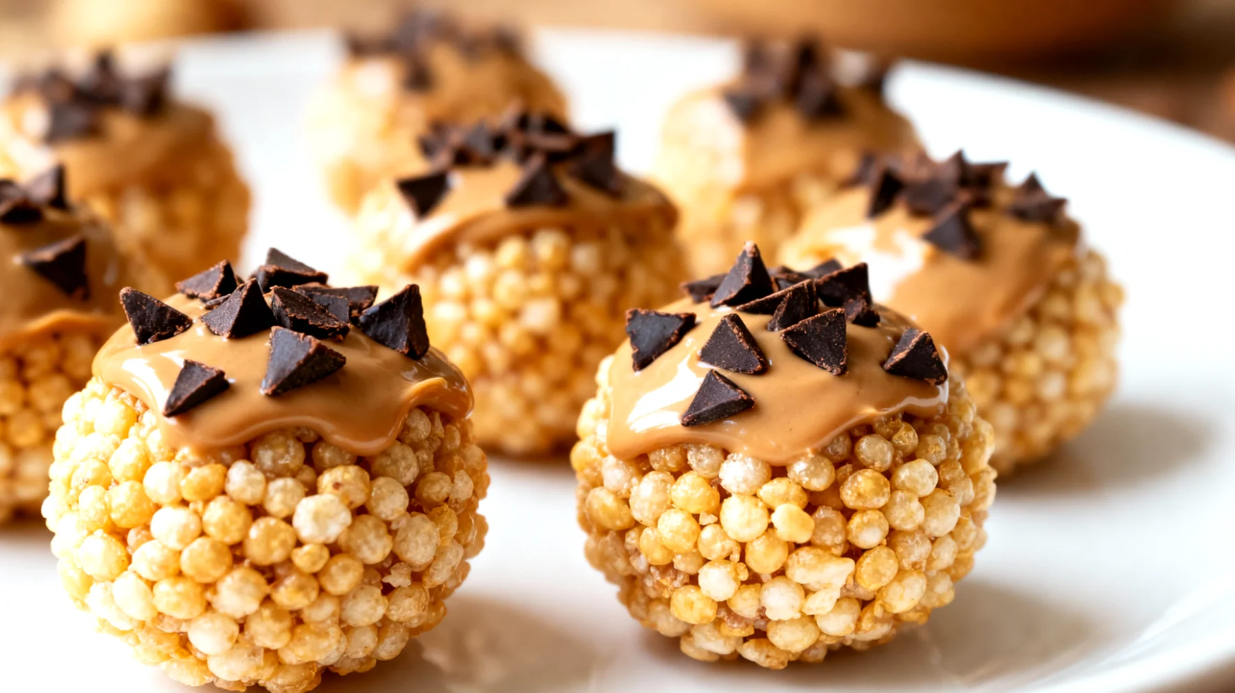 Amaranth-Puffbällchen mit Mandelbutter und Kakao-Nibs"