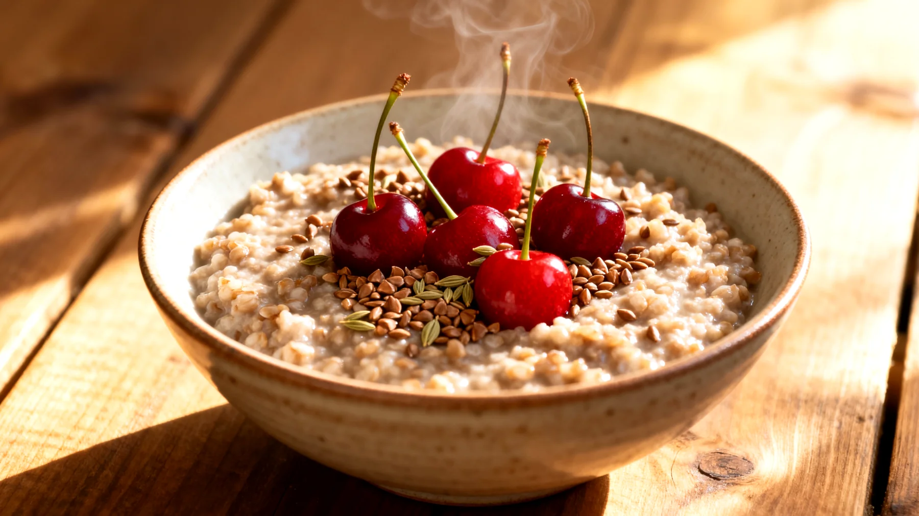 Buchweizen-Porridge mit Sauerkirschen und Hanfsamen"