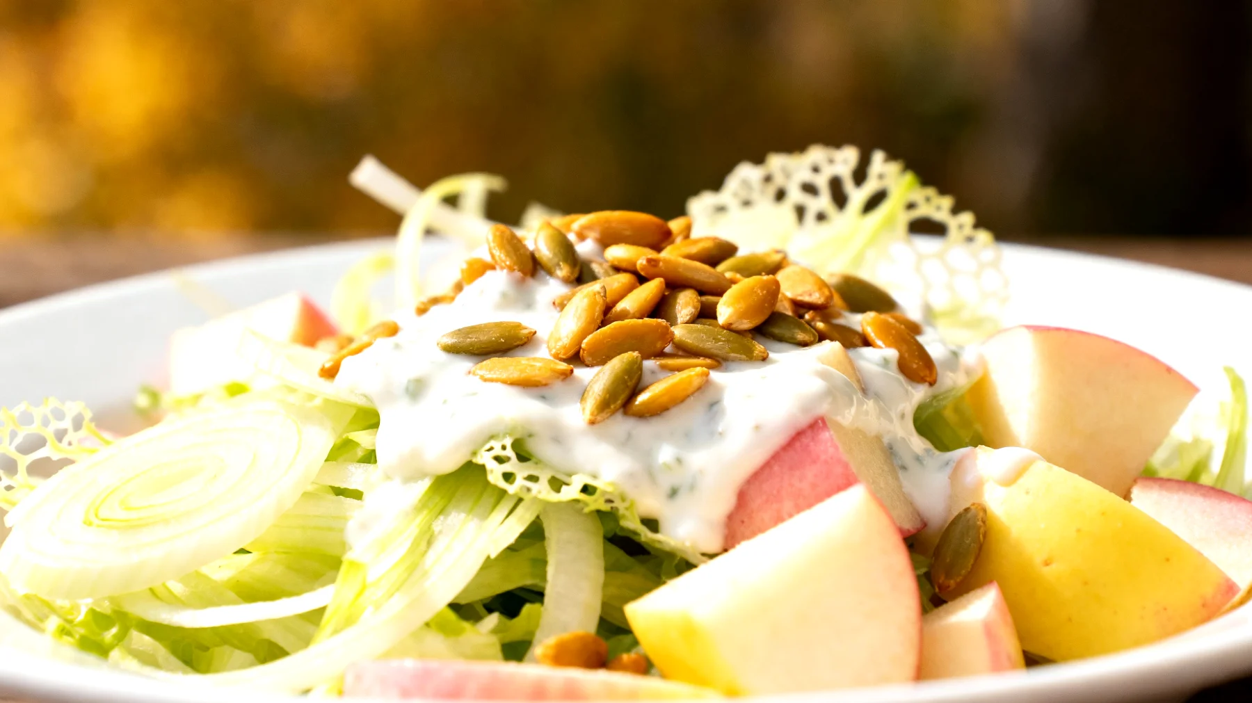 Fenchel-Apfel-Salat mit gerösteten Kürbiskernen und Kefir-Dressing"