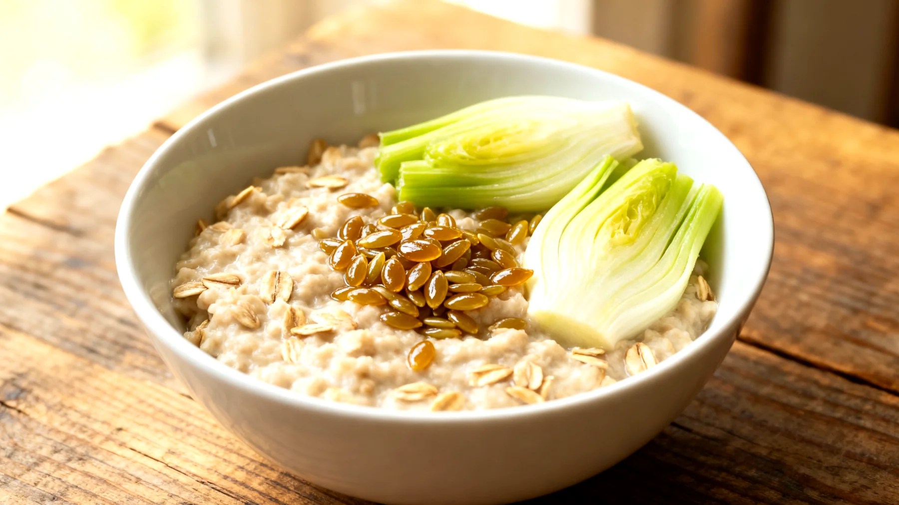 Haferbrei mit fermentierten Leinsamen und gedünstetem Fenchel"