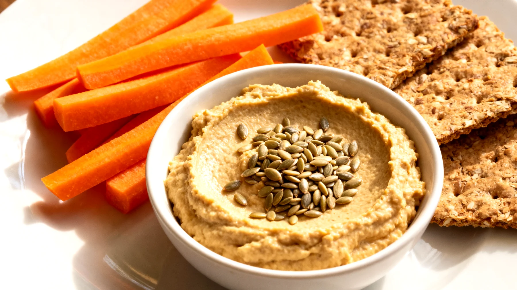 Hanfsamen-Hummus mit Karottensticks und Vollkorn-Crackers"