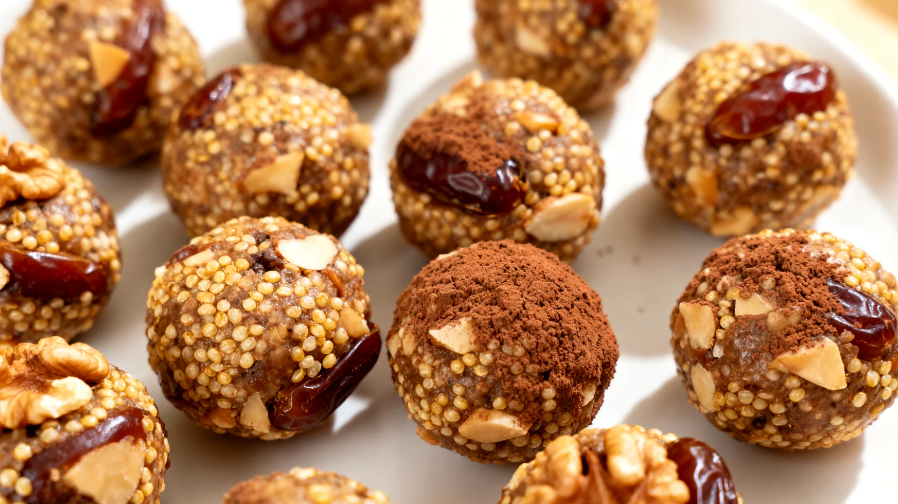 Hirse-Kakao-Energiebällchen mit Walnüssen und Dattern"