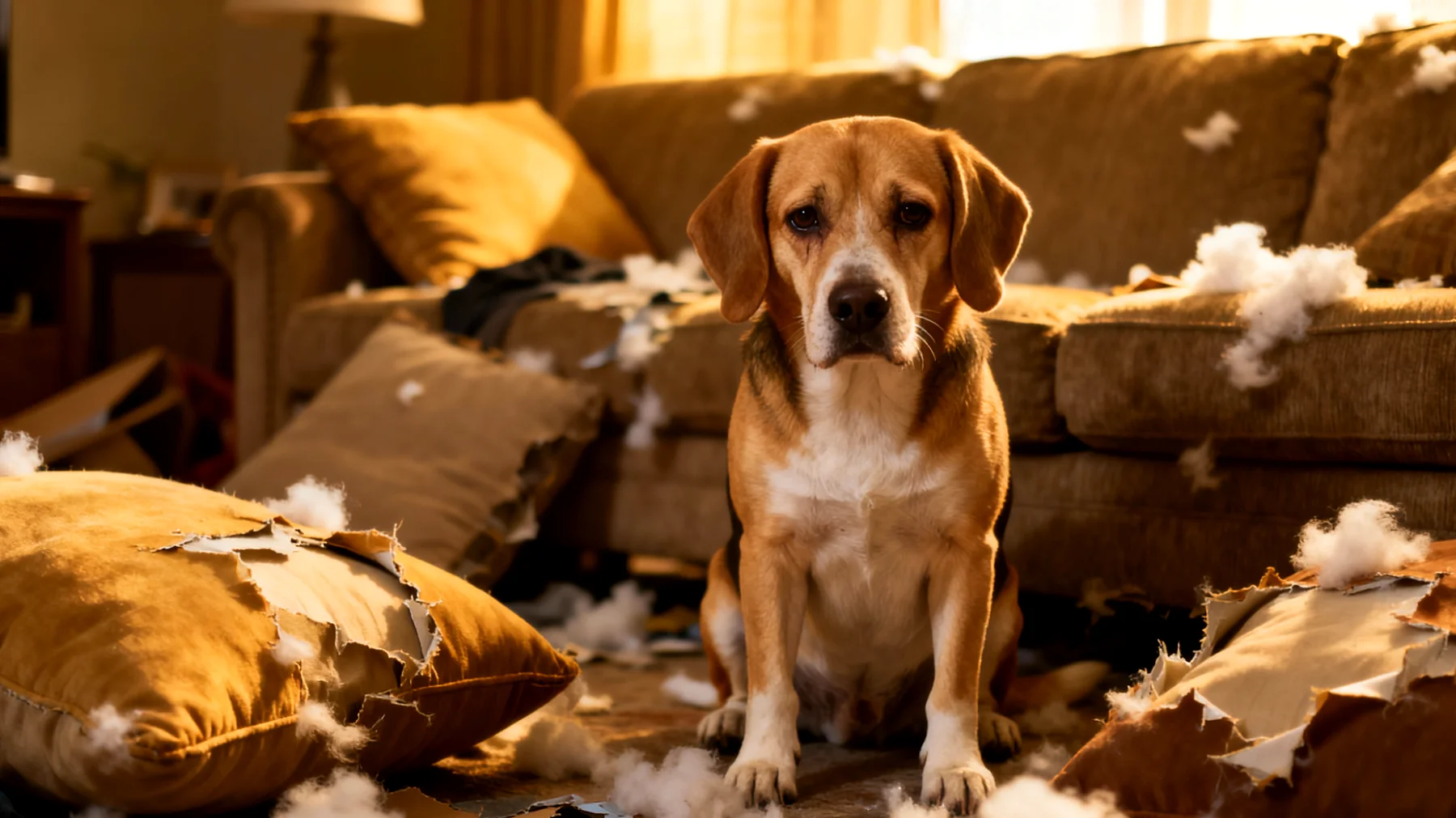 Hund zeigt destruktives Verhalten in der Wohnung durch Langeweile und fehlende Beschäftigung, was zu Möbelschäden und Unruhe führt"