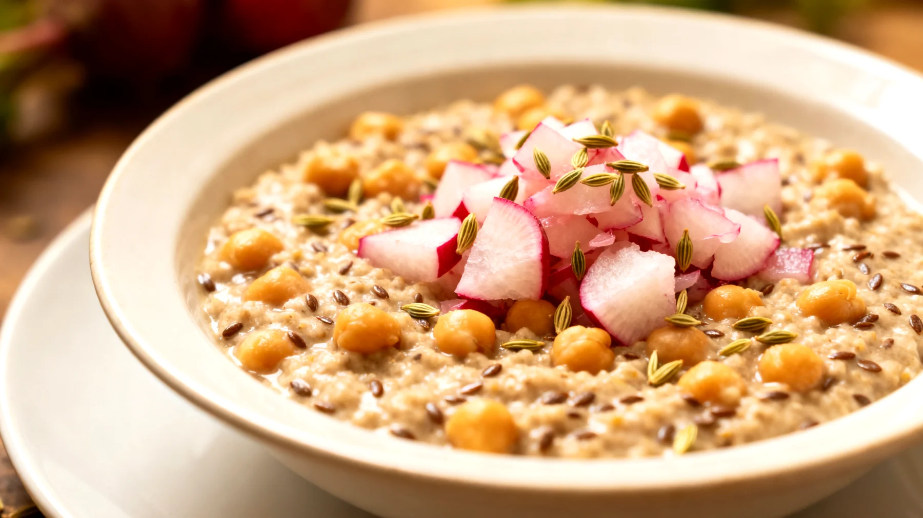 Kichererbsen-Leinsamen-Porridge mit fermentierten Rüben und Fenchelsamen"