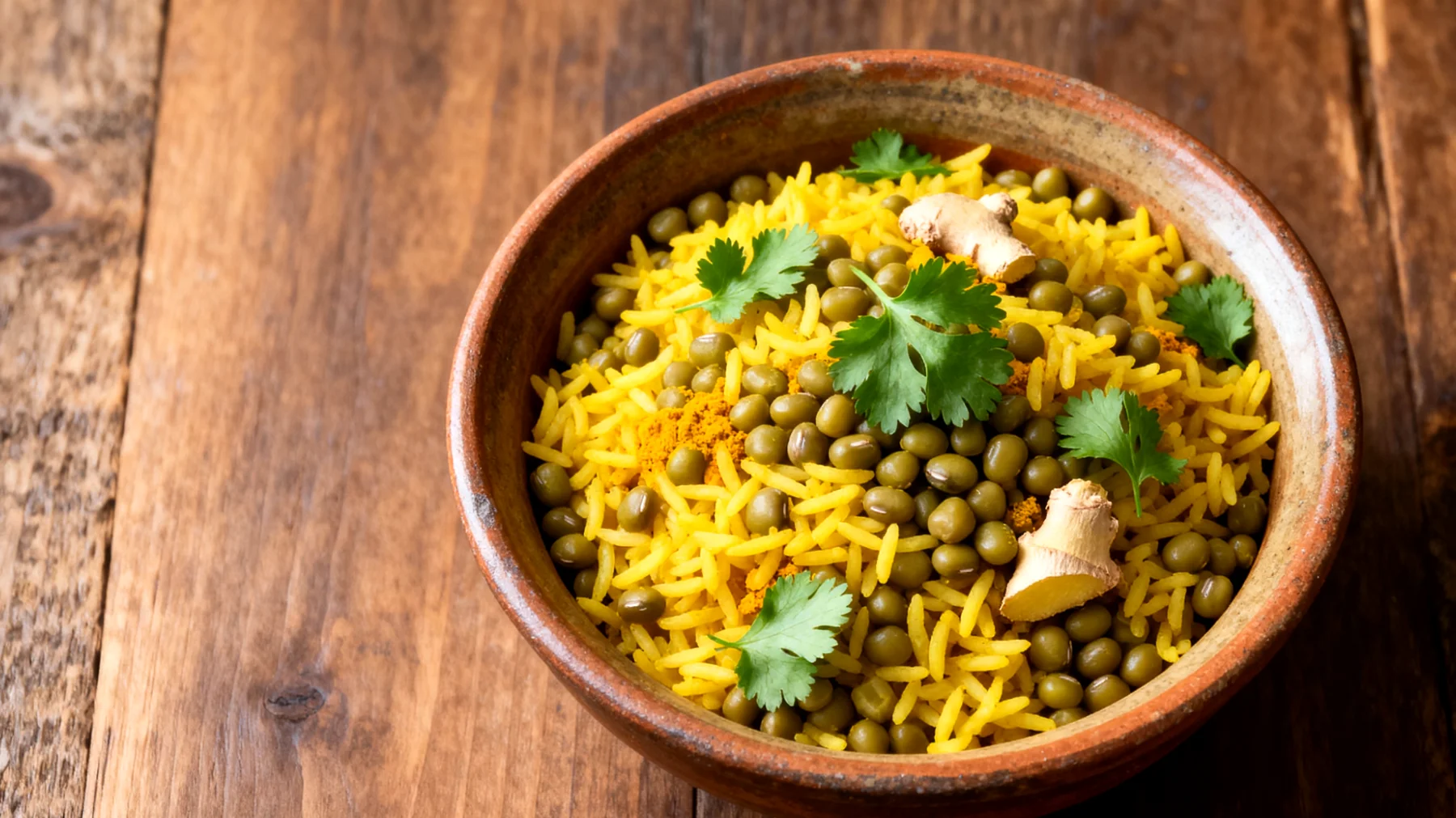 Kitchari (indisches Mungbohnen-Reis-Gericht mit Kurkuma und Ingwer)"