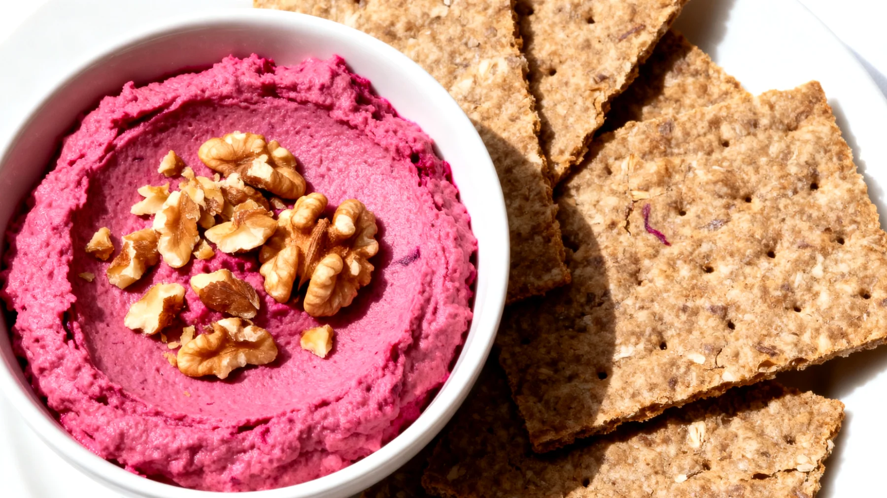Rote-Bete-Hummus mit Walnüssen und Vollkorn-Knäckebrot"